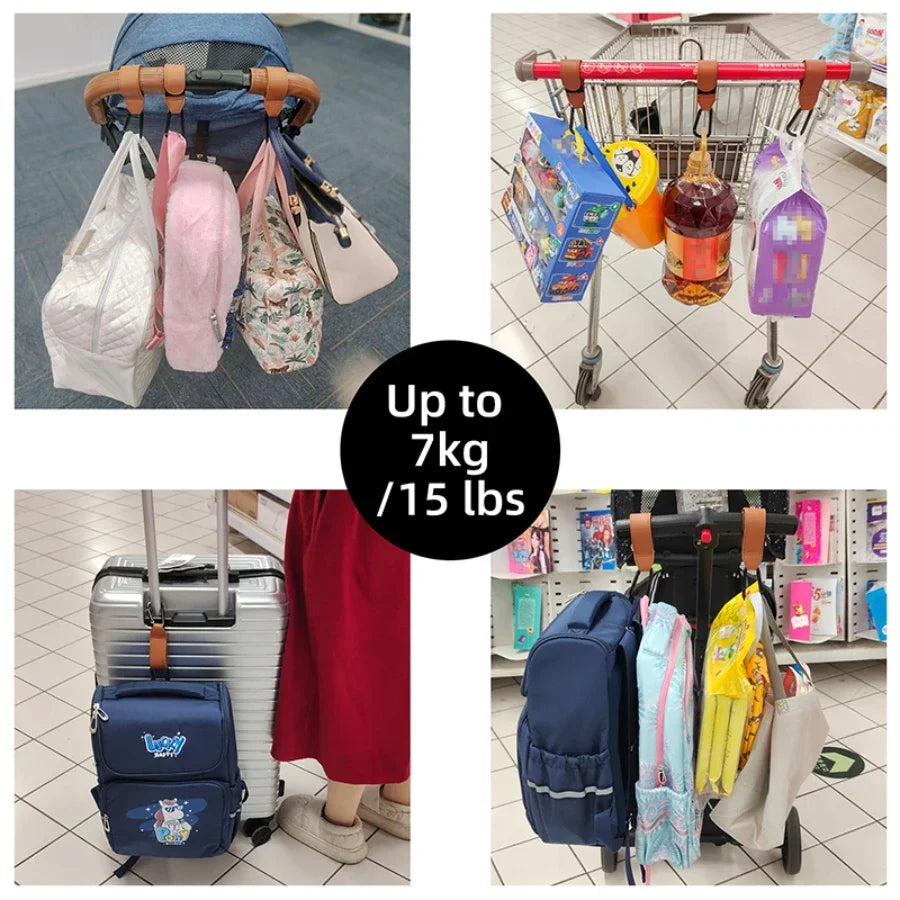 1/2PCS Baby Stroller Hooks – PU Leather Pram Organizer Clips with Carabiner Buckle for Diaper Bags & Travel Accessories