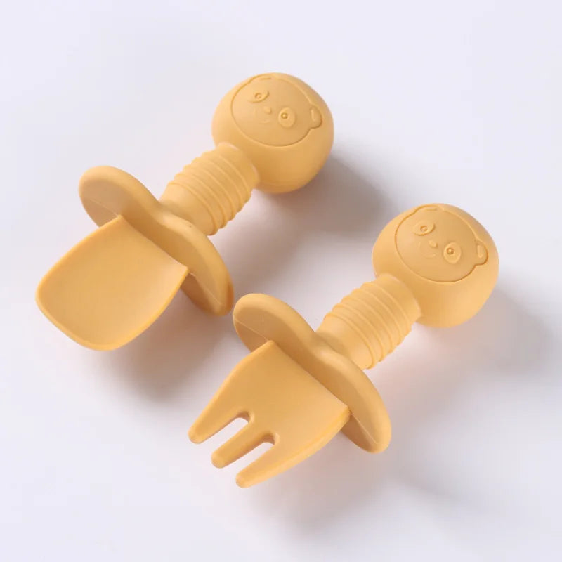 2PCS Baby Silicone Spoon & Fork Set – Food Grade Cutlery with Wooden Handle for Self-Feeding & Training
