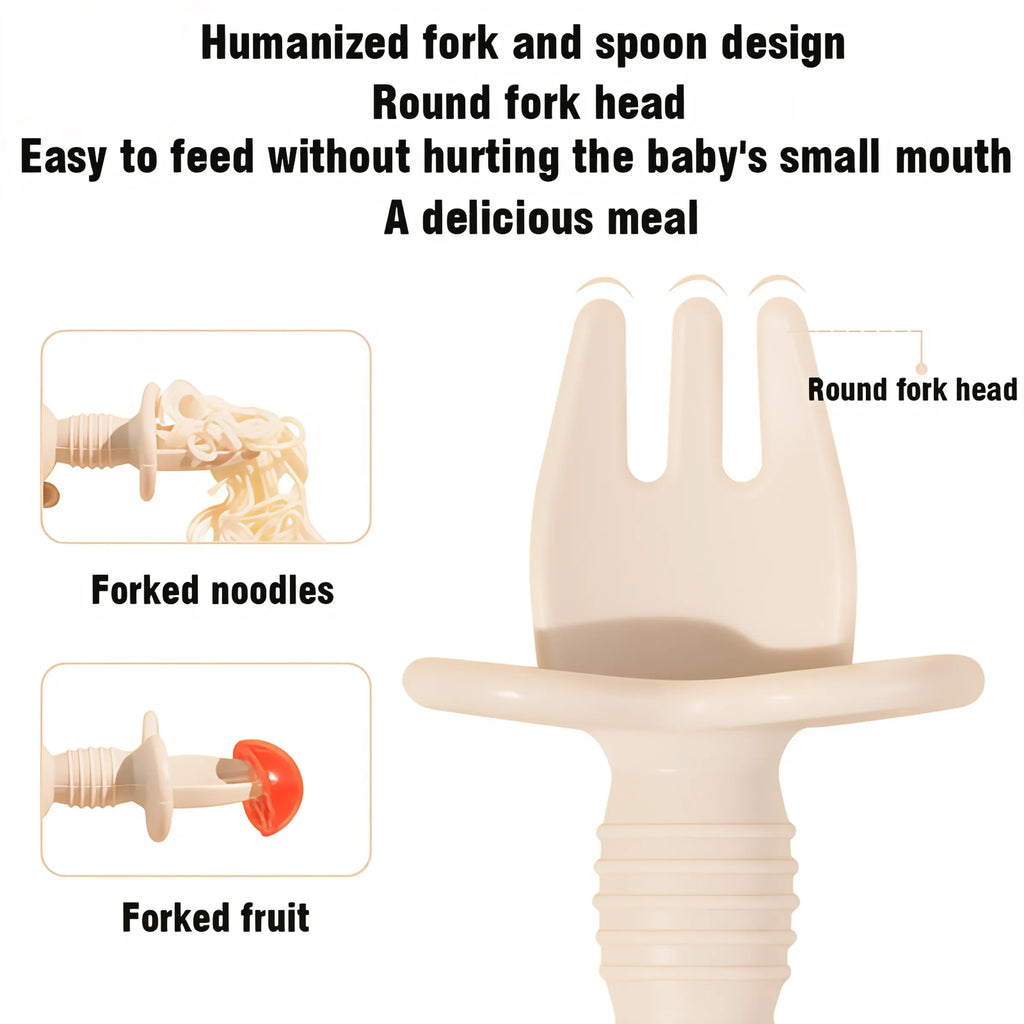 2PCS Baby Silicone Spoon & Fork Set – Food Grade Cutlery with Wooden Handle for Self-Feeding & Training