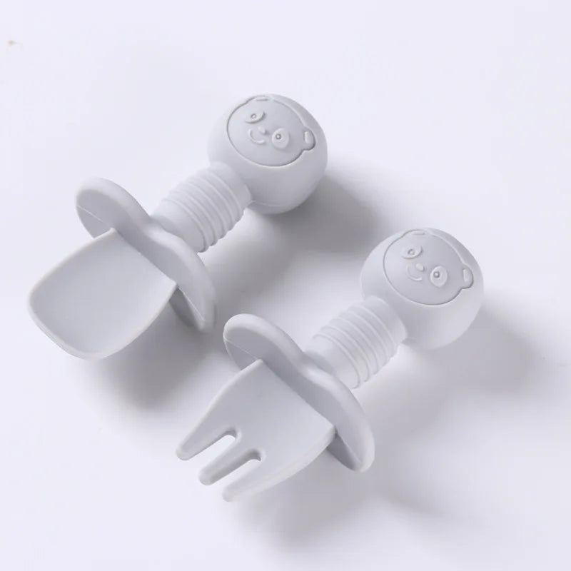 2PCS Baby Silicone Spoon & Fork Set – Food Grade Cutlery with Wooden Handle for Self-Feeding & Training