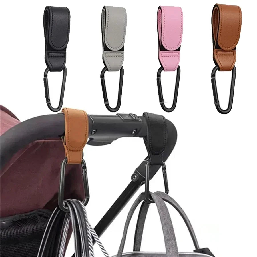 1/2PCS Baby Stroller Hooks – PU Leather Pram Organizer Clips with Carabiner Buckle for Diaper Bags & Travel Accessories