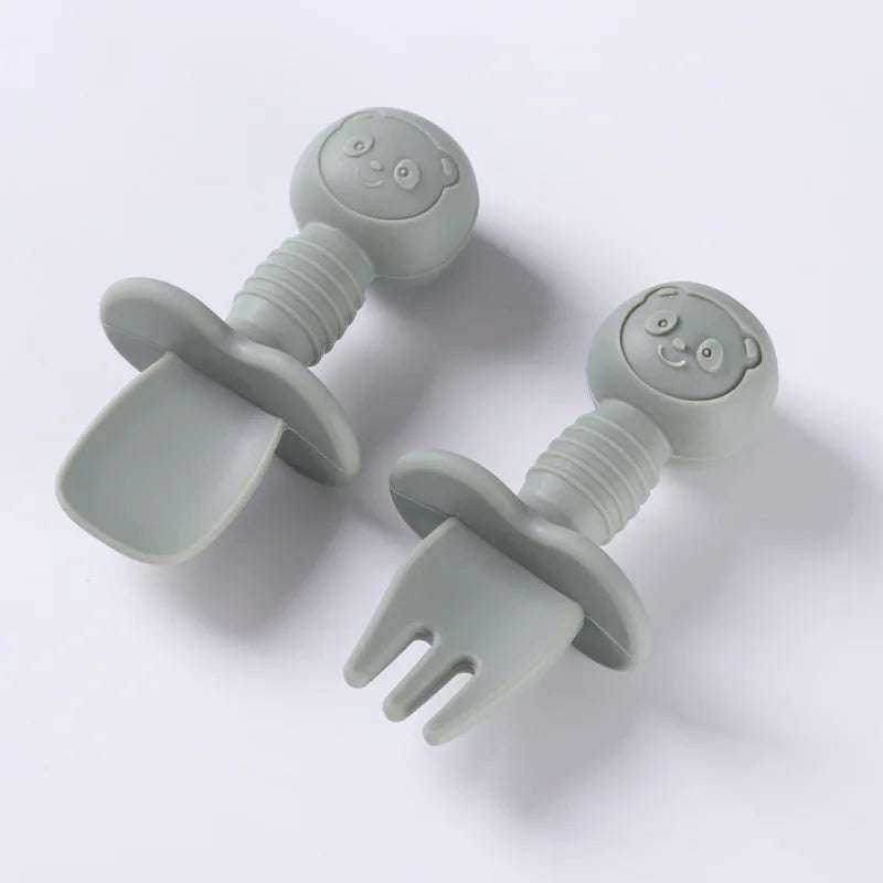 2PCS Baby Silicone Spoon & Fork Set – Food Grade Cutlery with Wooden Handle for Self-Feeding & Training